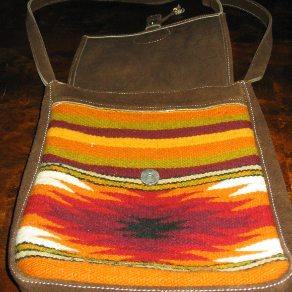 Ethnic Brown Suede and Woven Fabric Shoulder Bag - Picture 4 of 6